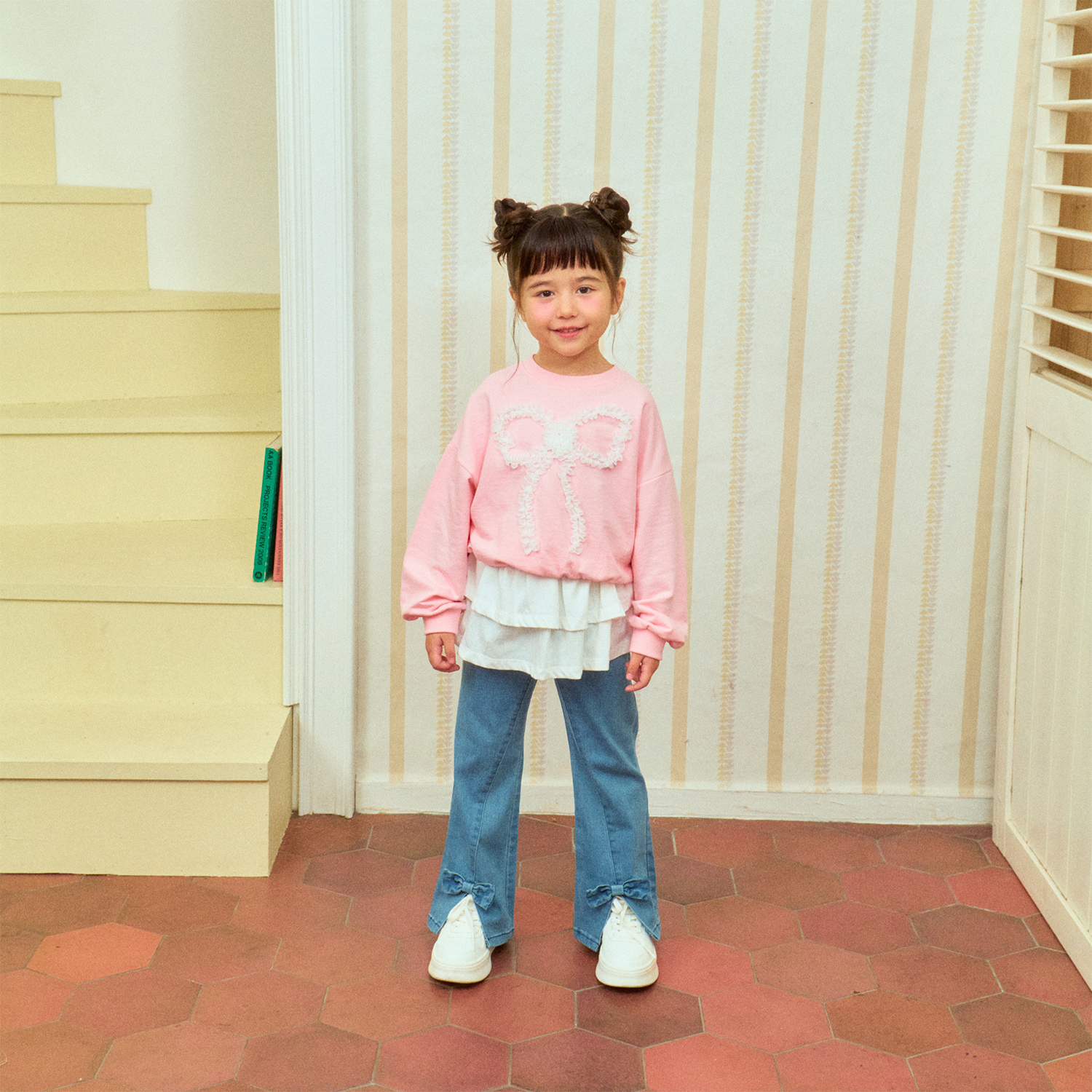 韓國 1st Blue-25春蕾絲蝴蝶結大學T-粉