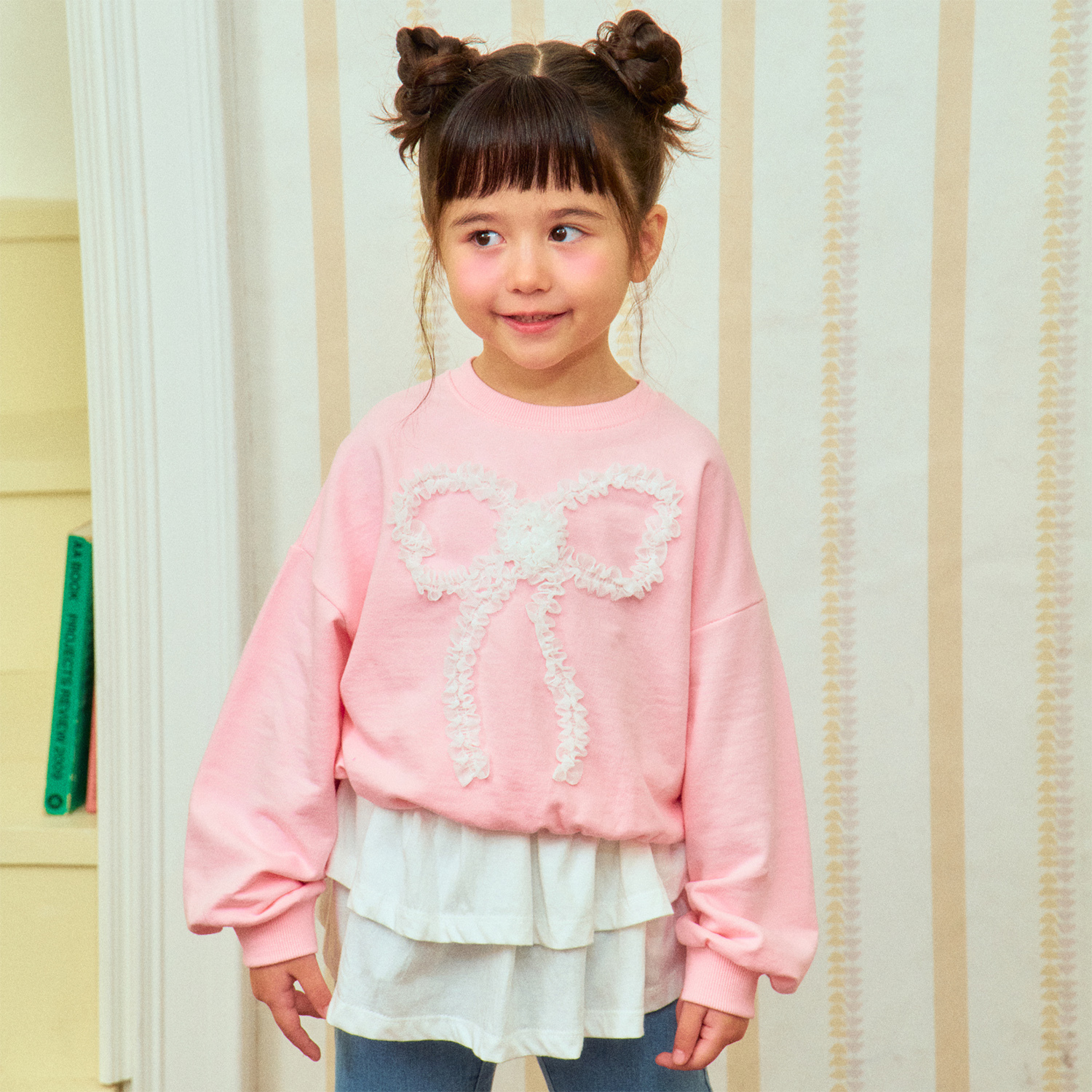 韓國 1st Blue-25春蕾絲蝴蝶結大學T-粉