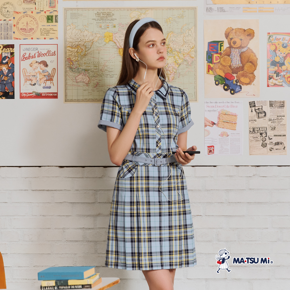 MA‧TSU Mi 翻領前開襟腰帶裝飾百褶洋裝(紅.水藍)