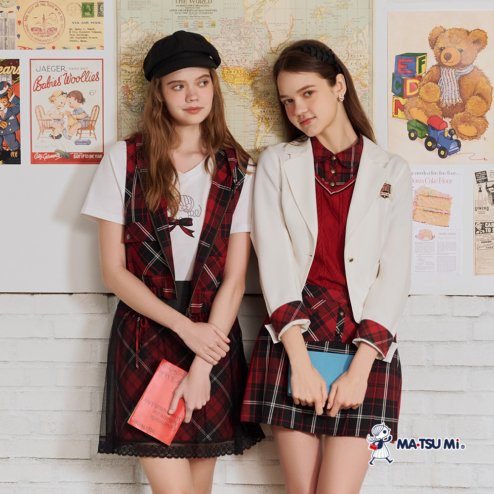 MA‧TSU Mi 學院風格紋雙口袋開襟連帽短版背心(紅.水藍)