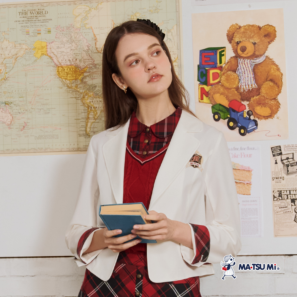 MA‧TSU Mi 假兩件式格紋翻領拼接玲格紋造型針織上衣(白.紅)
