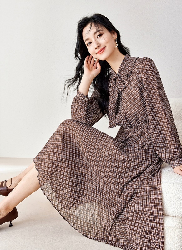 綁帶格紋雪紡洋裝 格紋