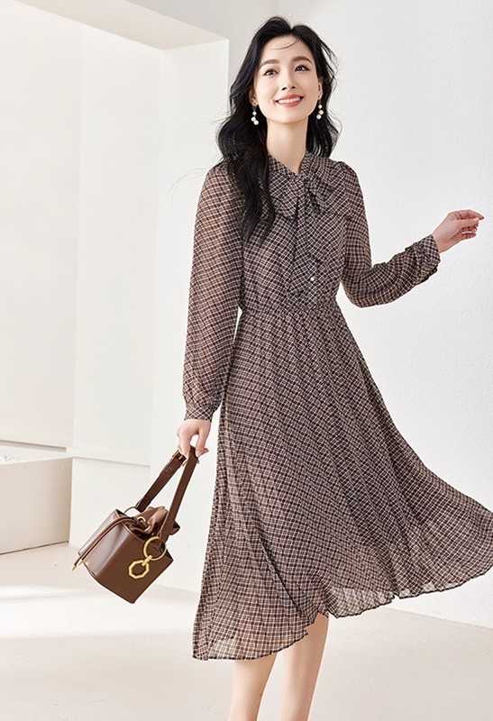 綁帶格紋雪紡洋裝 格紋