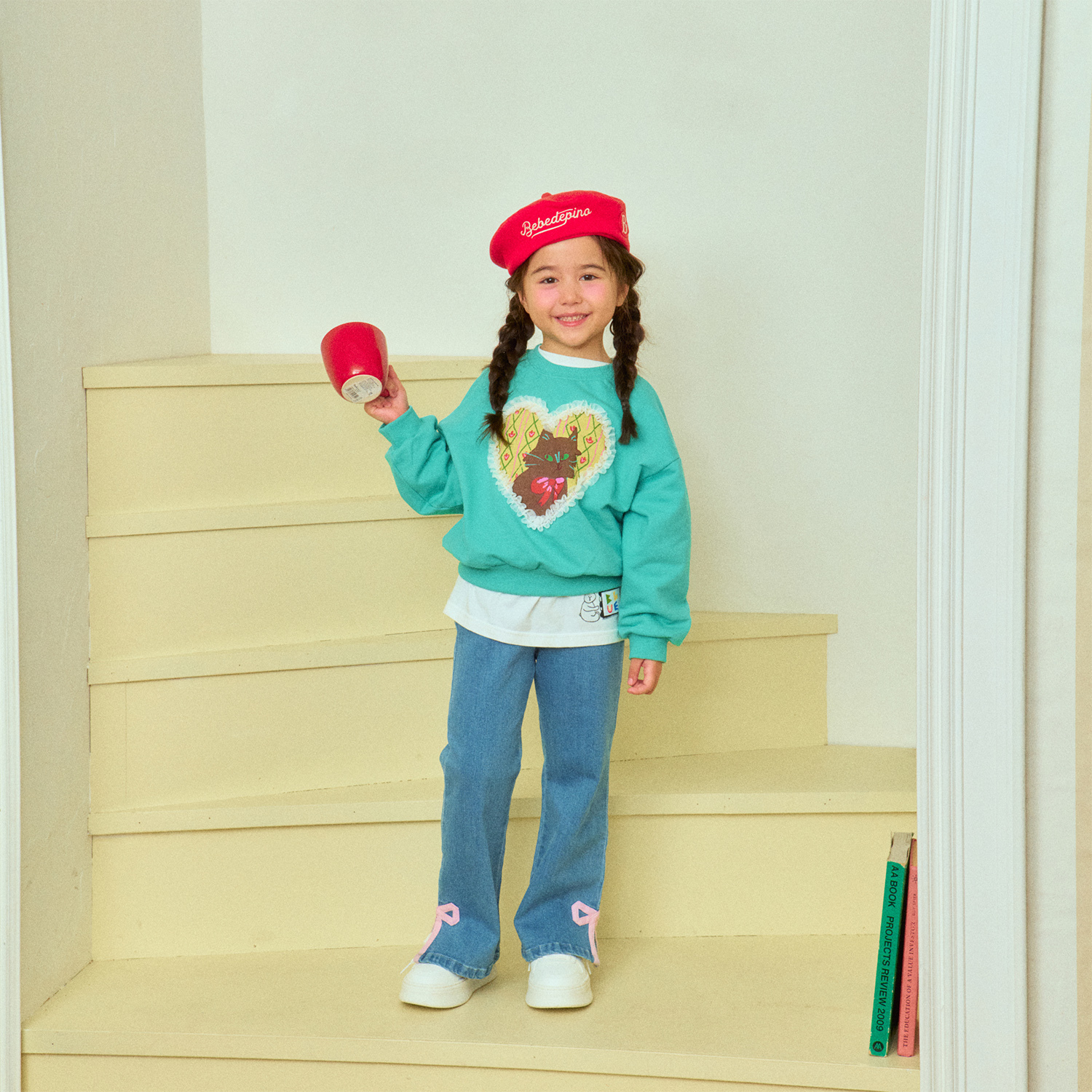 韓國 1st Blue -  25春粉色蝴蝶結牛仔褲