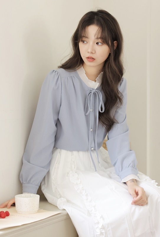 木耳領珠釦雪紡襯衫 兩色