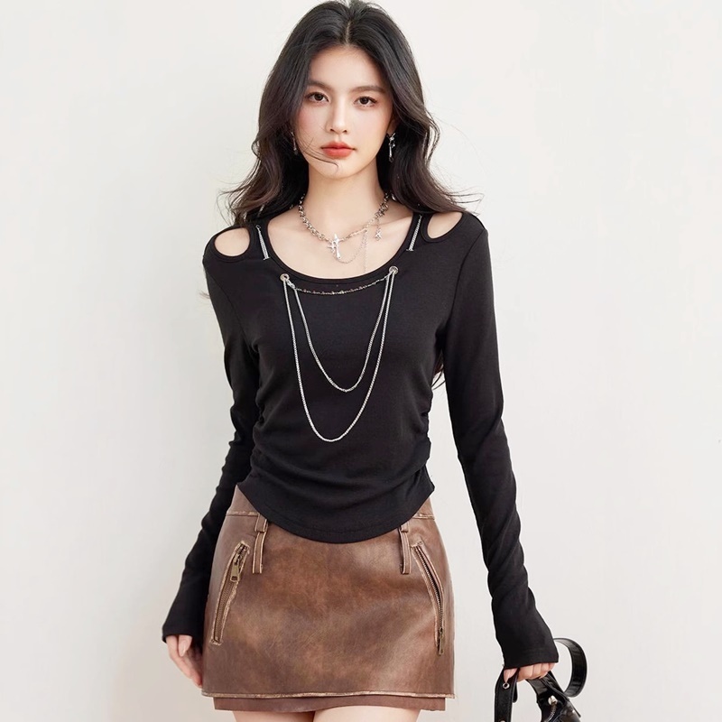 造型鍊條挖肩上衣 黑色