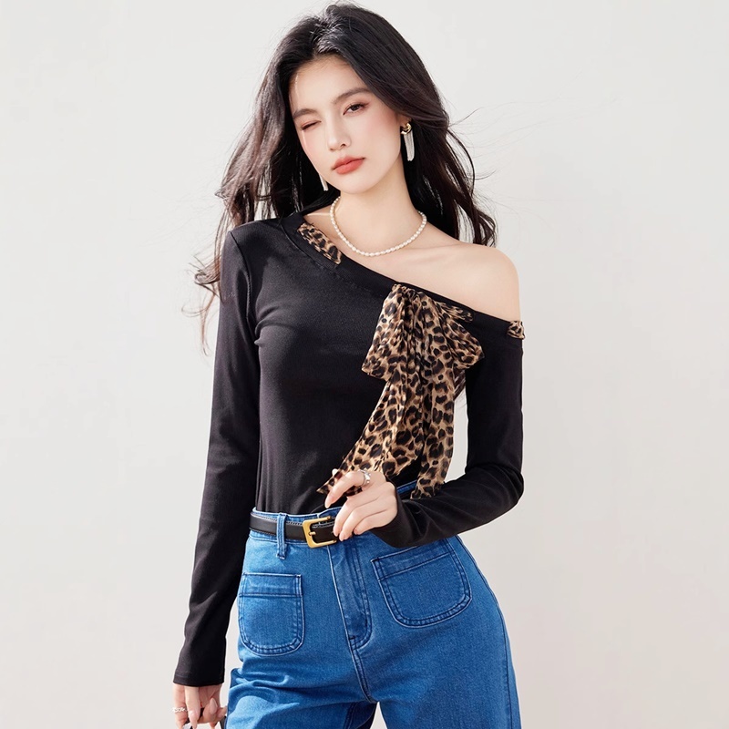豹紋綁帶平領上衣 黑色