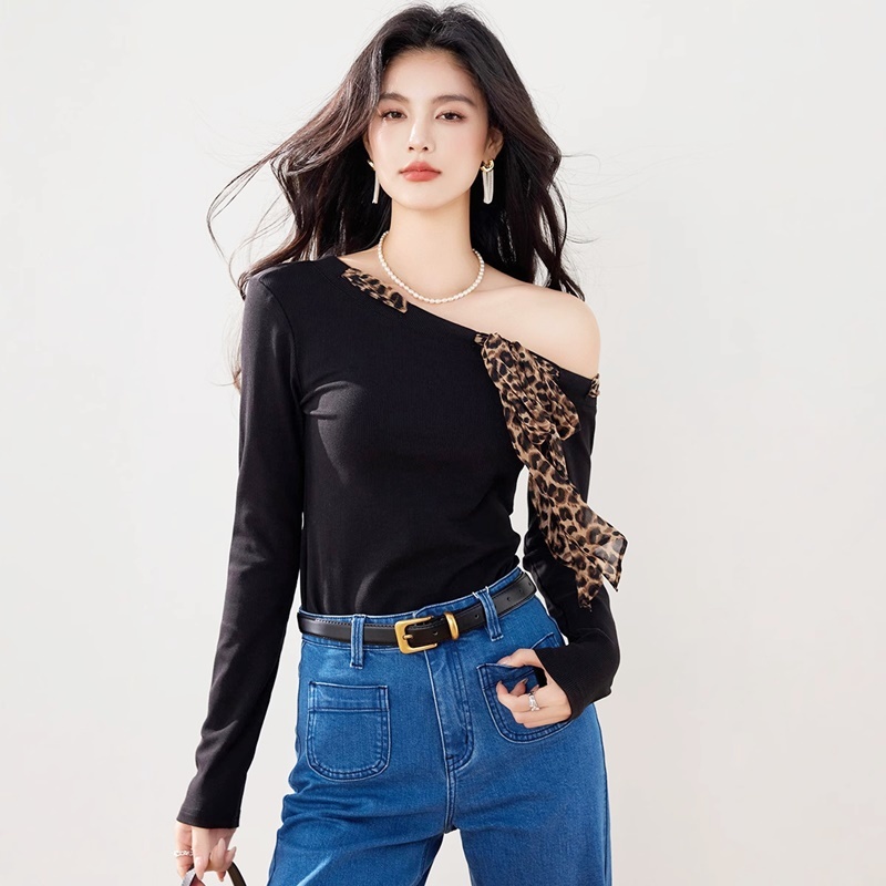 豹紋綁帶平領上衣 黑色
