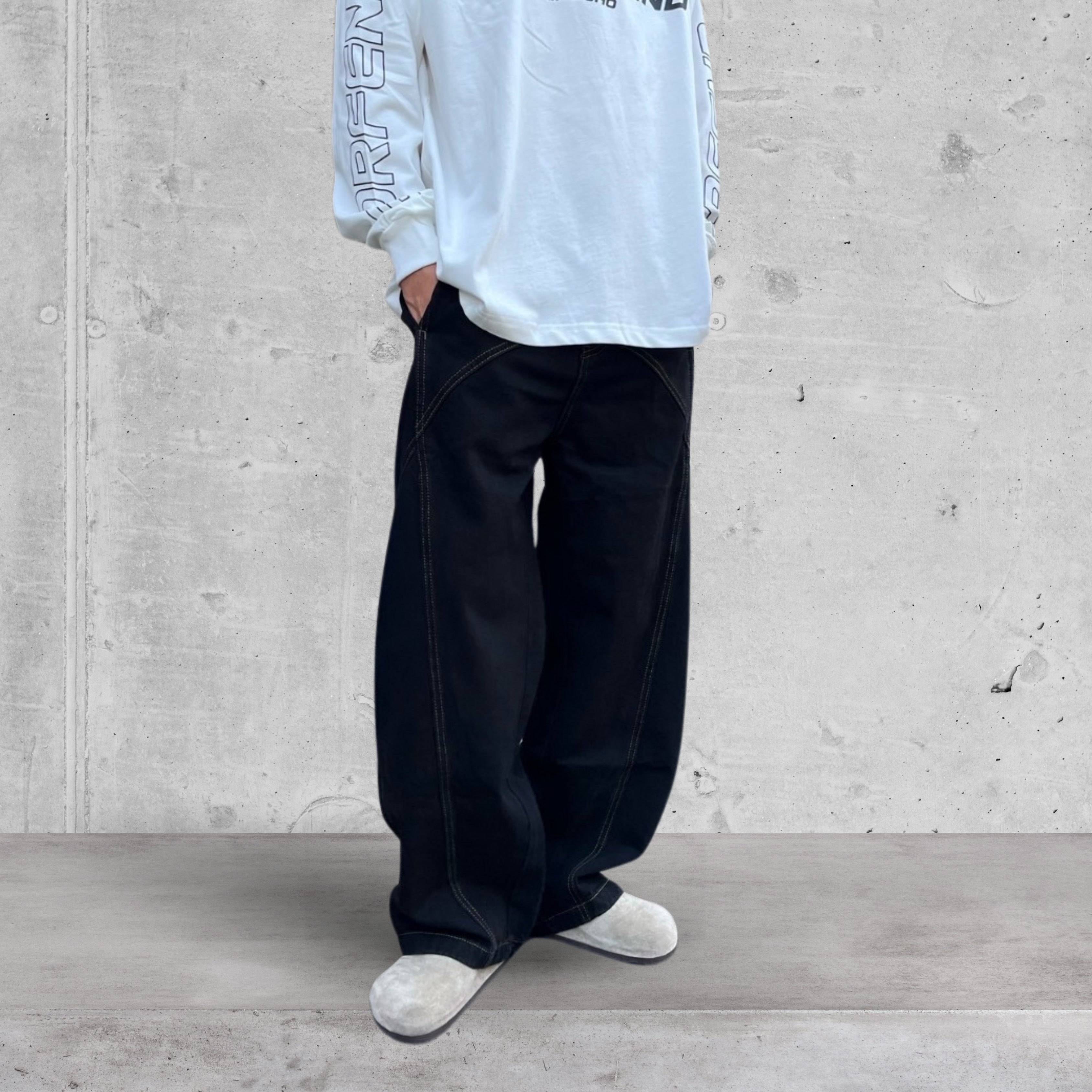 （現貨）NJ108 車線設計彎刀型繭型褲 黑色牛仔褲