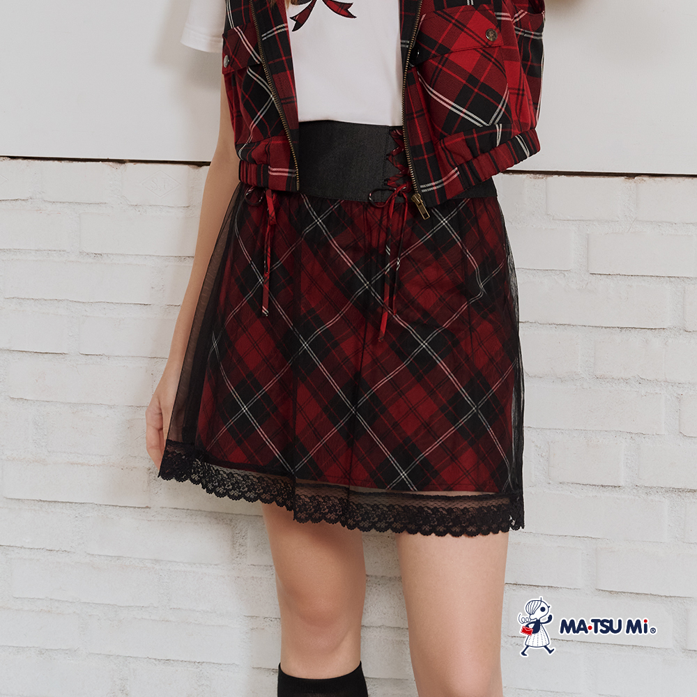 MA‧TSU Mi 學院風格紋蝴蝶結綁帶網紗短裙(紅.水藍)