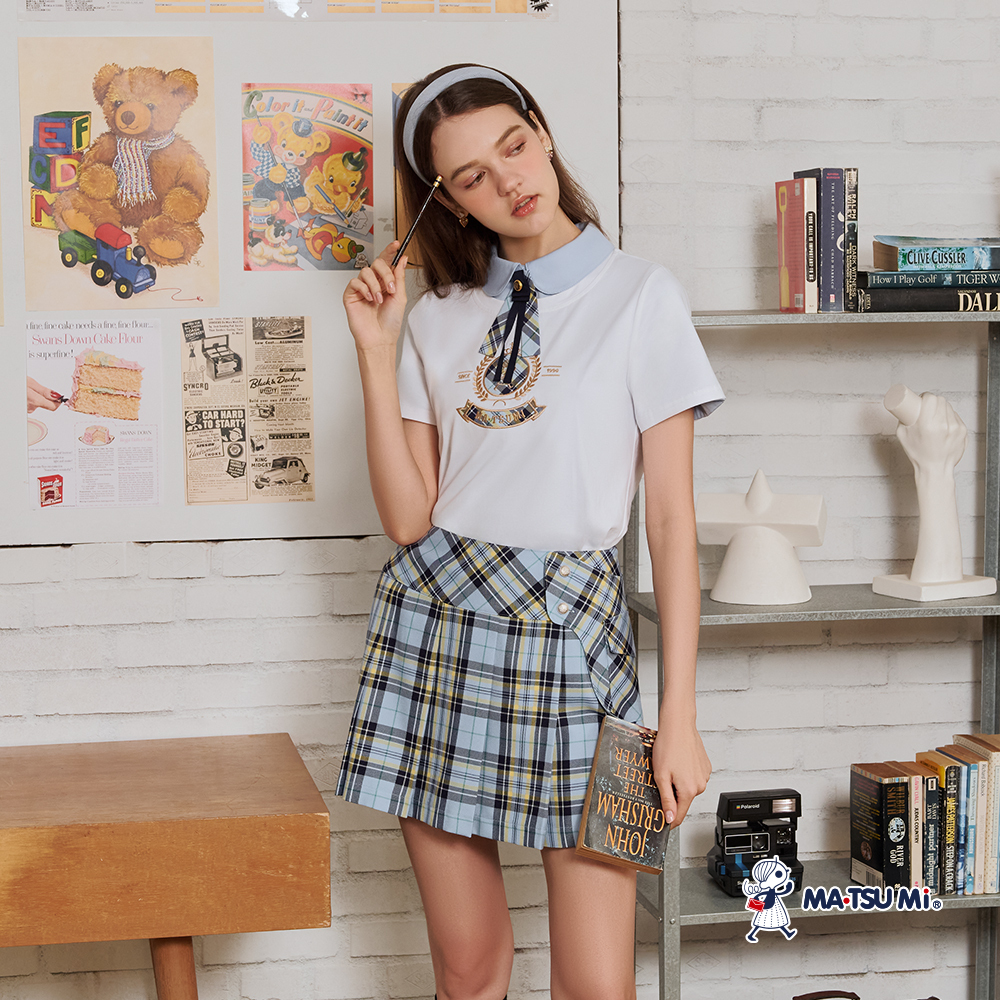 MA‧TSU Mi 學院風格紋造型拼接百褶短裙(紅.水藍)