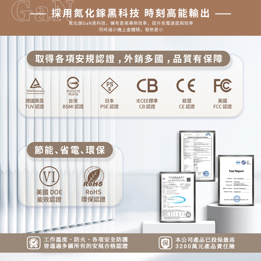 易智快充x日本LAMP,磐石系列x省空間五孔面板,取得多國安全規範認證,外銷歐美,品質第一,德國萊茵TUV、日本PSE、台灣BSMI、歐盟CE、美國FCC、CB認證,節能、省電、環保認證,美國DOE、台灣ROHS