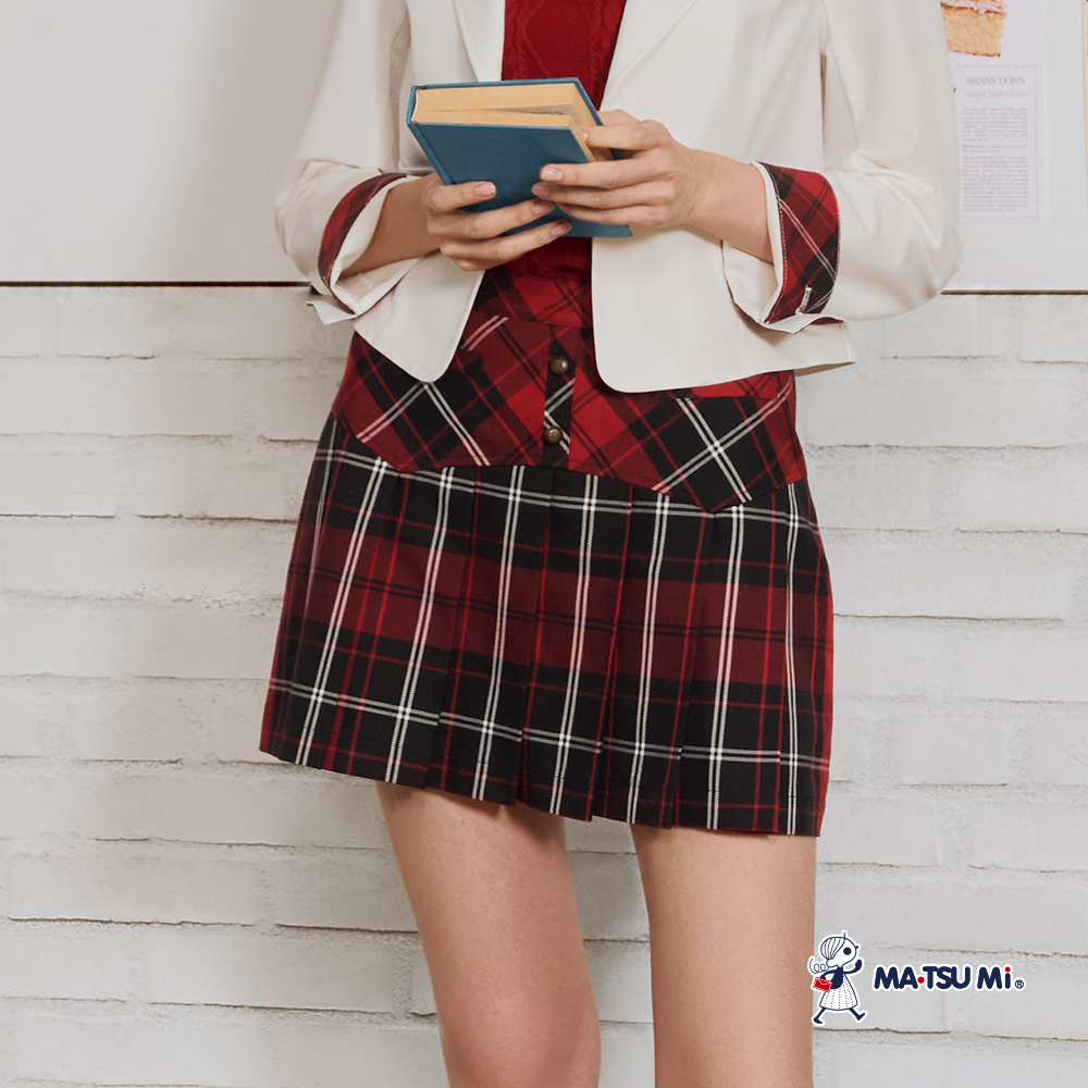 MA‧TSU Mi 學院風剪裁排釦百褶短裙(紅.水藍)