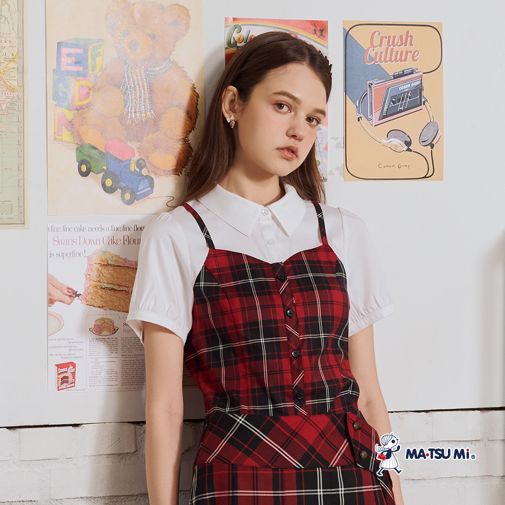 MA‧TSU Mi 學院風假兩件拼接紅紋襯衫(紅)