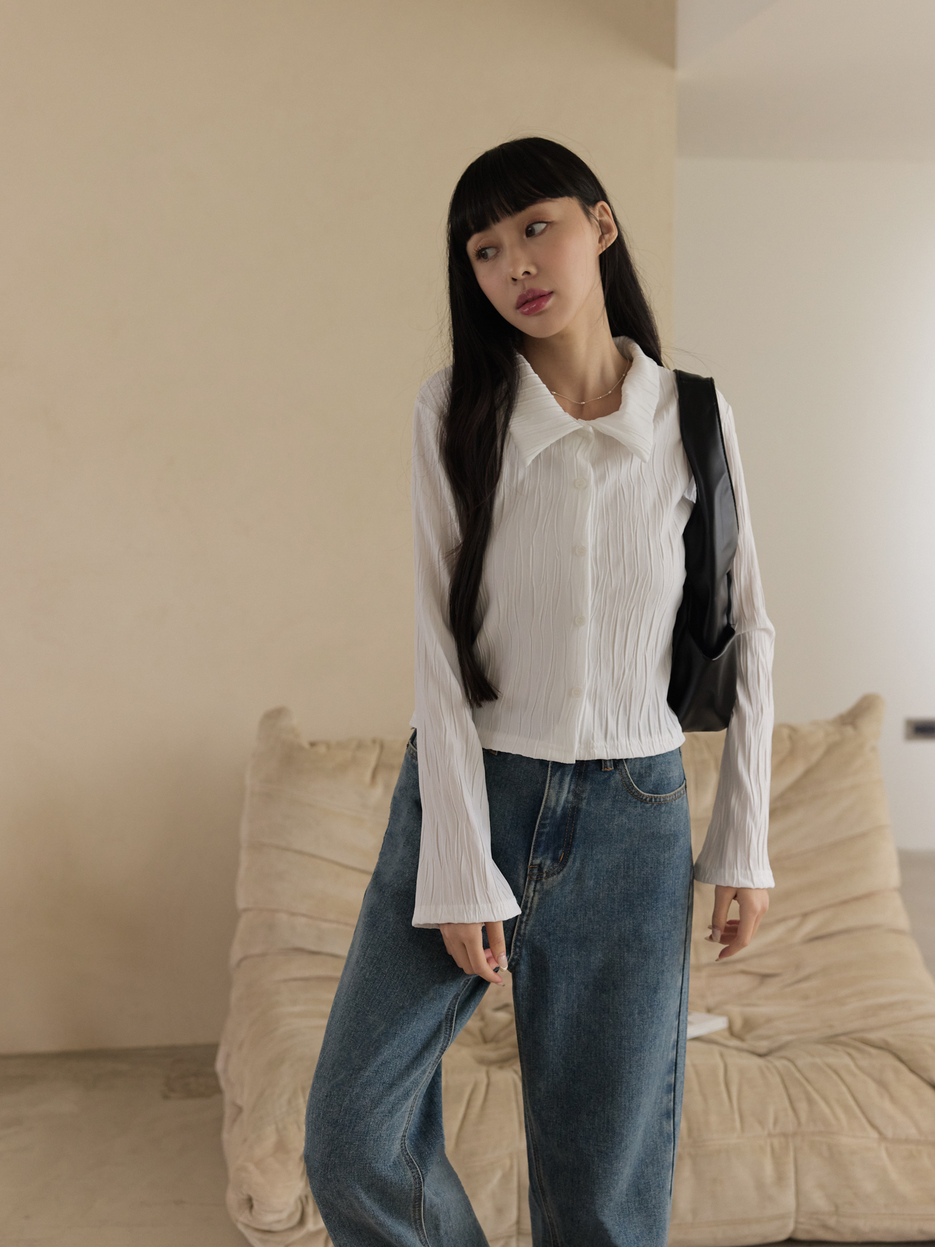 推薦款 小尖領木質紋排釦襯衫