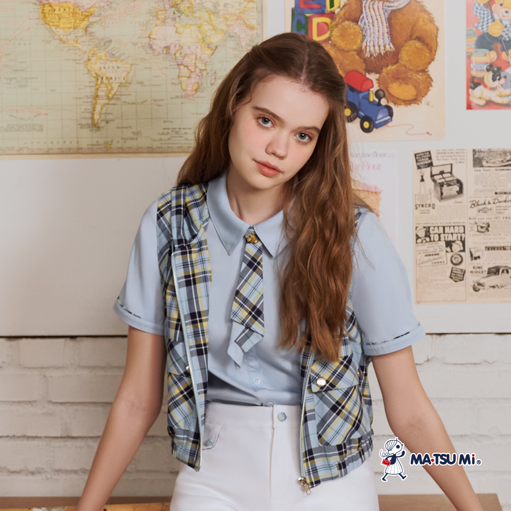 MA‧TSU Mi 學院風可拆式金屬裝飾領帶襯衫(白.水藍)