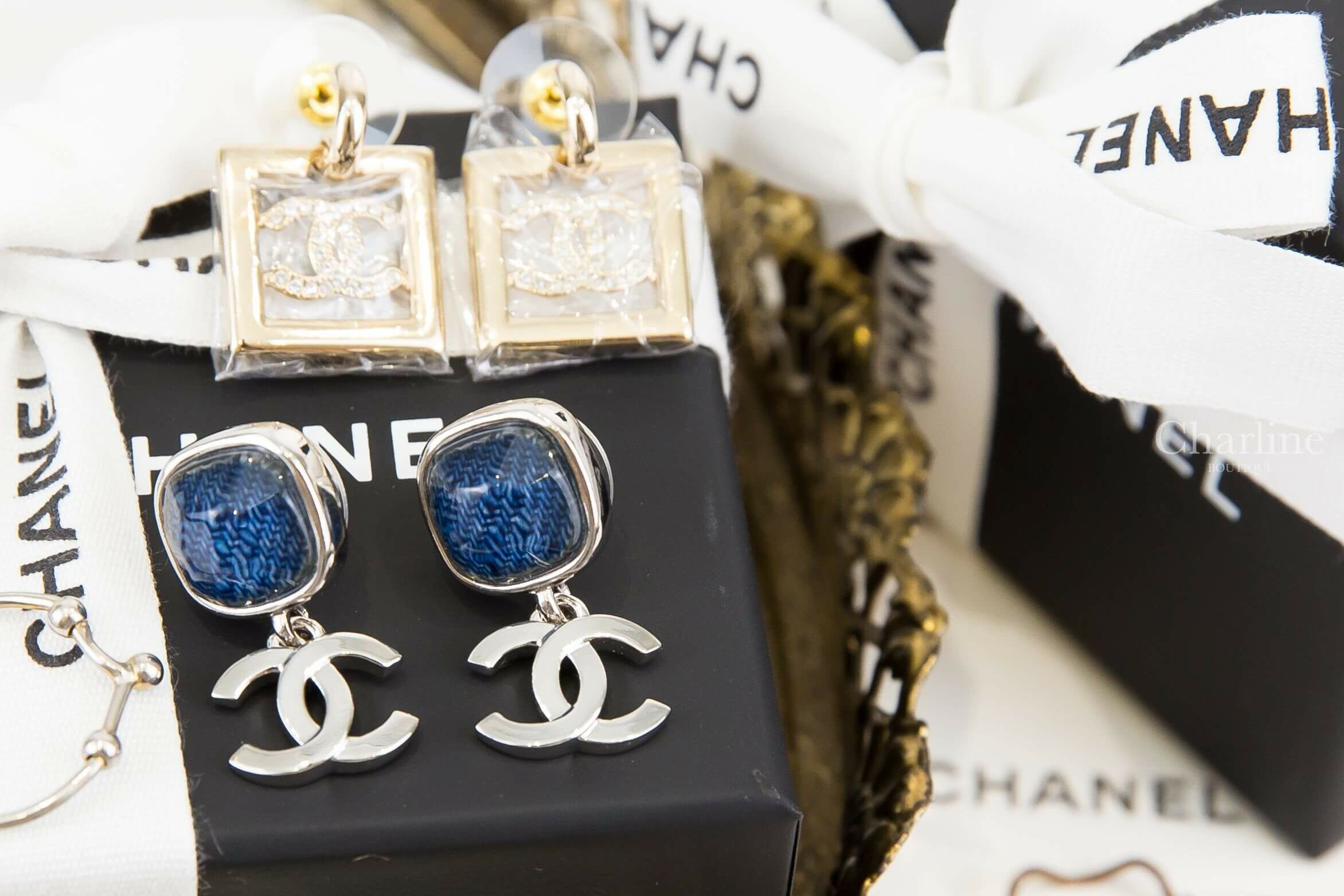 Chanel Earrings 單寧藍方塊銀色CC垂墜耳環