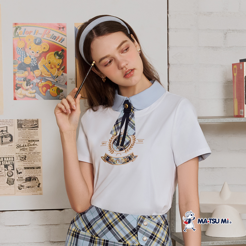 MA‧TSU Mi  學院風可拆式圓形別針緞帶襯衫(白.水藍)