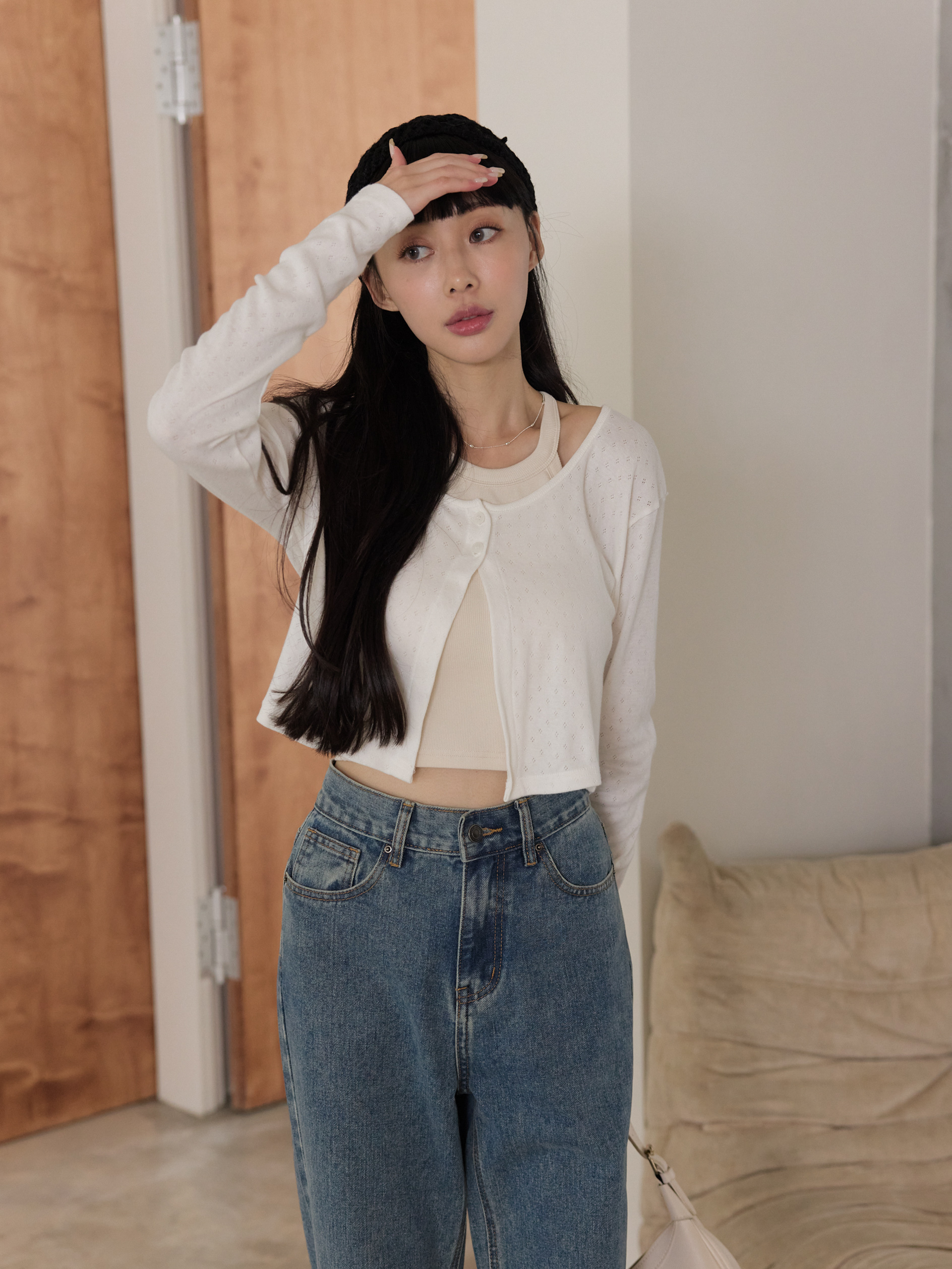 輕薄雙釦鏤空罩衫