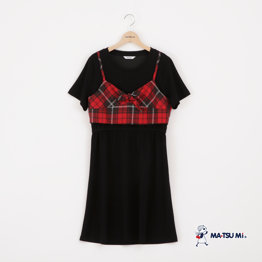 MA‧TSU Mi 假兩件式拼接吊帶格紋背心洋裝(深藍.黑)