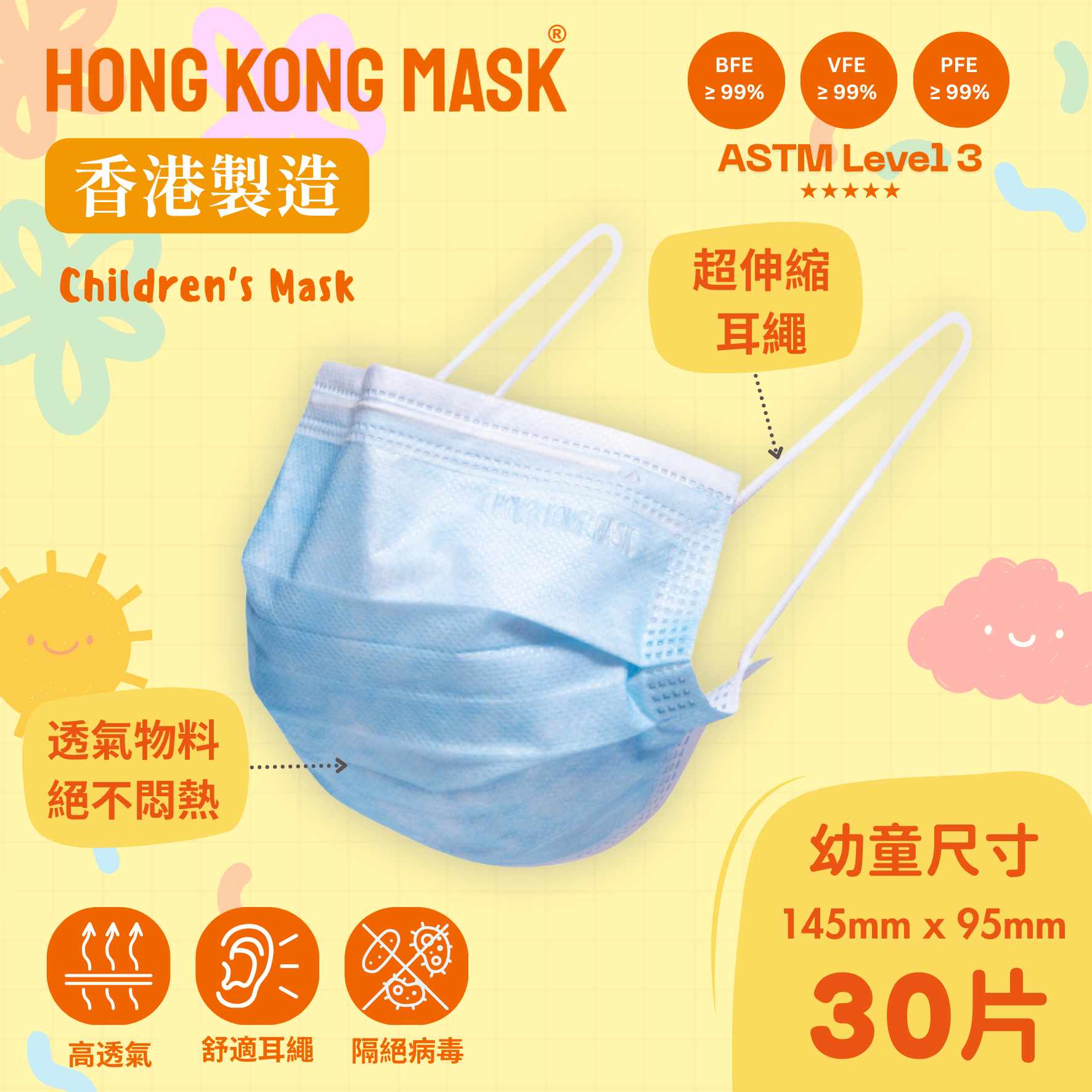 兒童口罩 (小童口罩) 天藍色【香港製造】