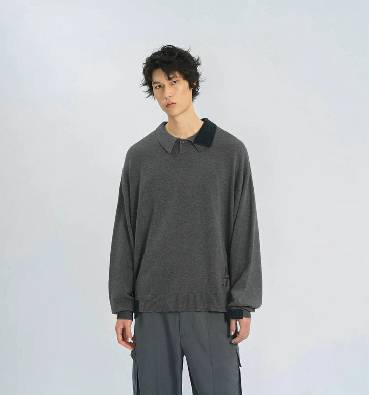 MELSIGN Polo衫 長袖 不對稱跳色 深灰/黑 24 A/W Off-balance Knit Polo Shirt