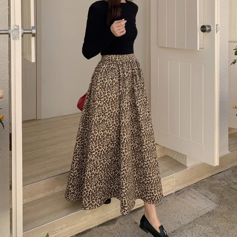 配色小豹紋澎澎A字傘擺長裙S-L (Elegant & Love)