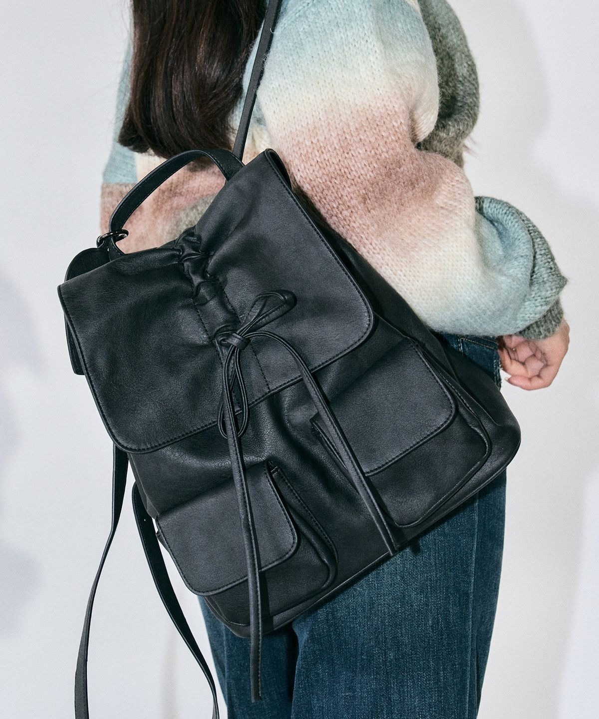 ZEROPLANET) VEGAN LEATHER SHIRRING RIBBON BACKPACK - B