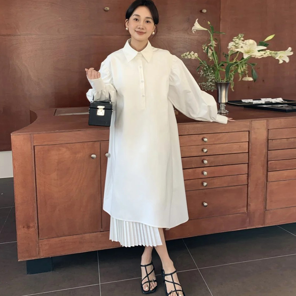 雲朵白下擺拼接百摺裙造型翻領長洋裝-F (Elegant & Love)