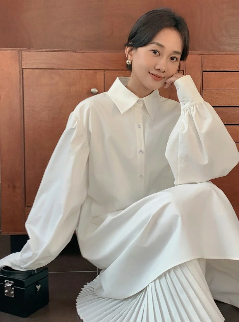 雲朵白下擺拼接百摺裙造型翻領長洋裝-F (Elegant & Love)