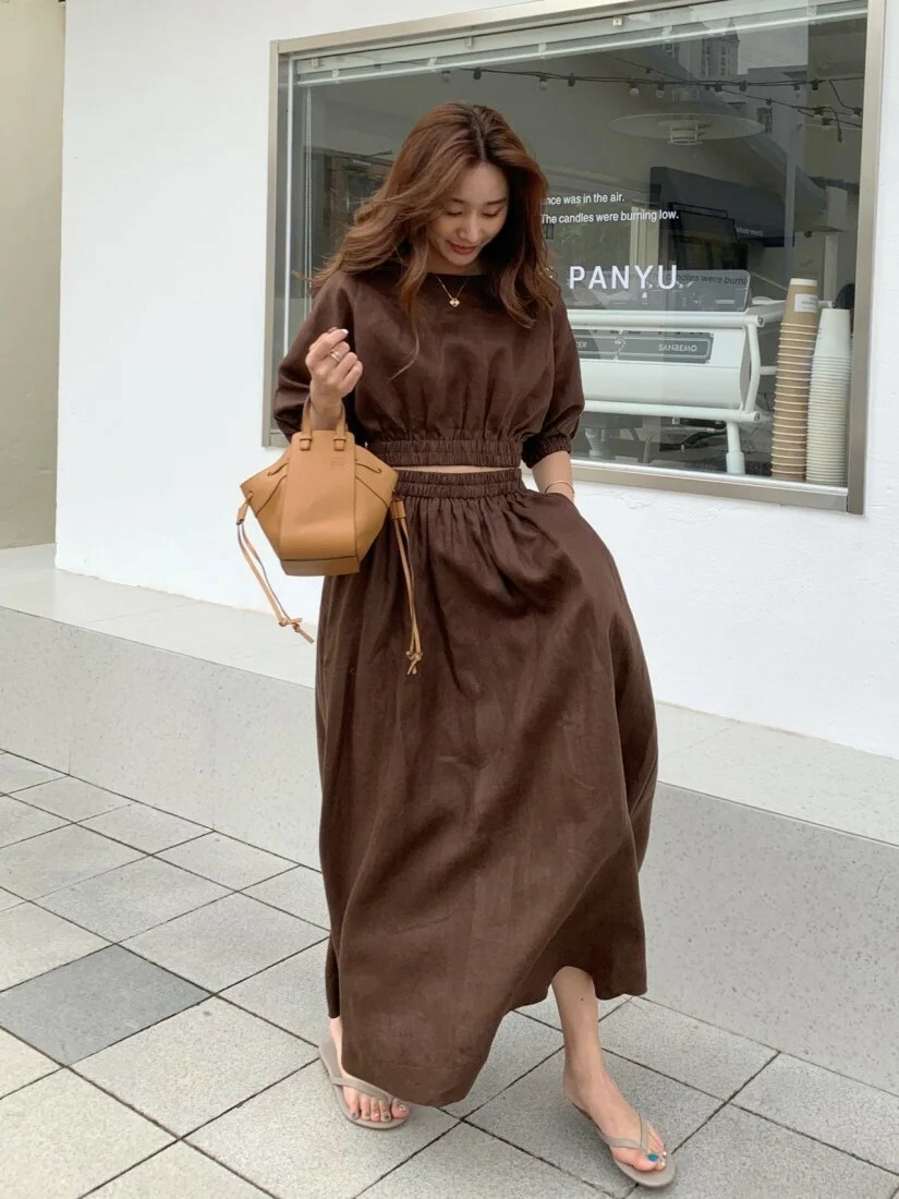 度假感澎澎袖圓領亞麻上衣+長裙SET-F / 2色 (Elegant & Love)