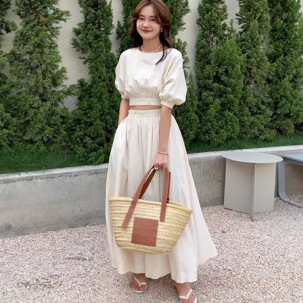 度假感澎澎袖圓領亞麻上衣+長裙SET-F / 2色 (Elegant & Love)