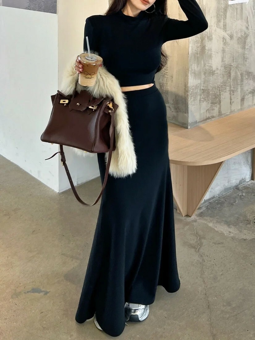 歐美立領墊肩短版上衣+魚尾長裙SET-S-M / 2色 (Elegant & Love)