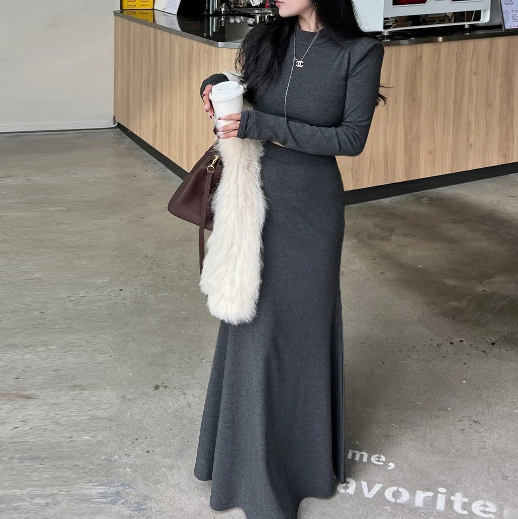 歐美立領墊肩短版上衣+魚尾長裙SET-S-M / 2色 (Elegant & Love)