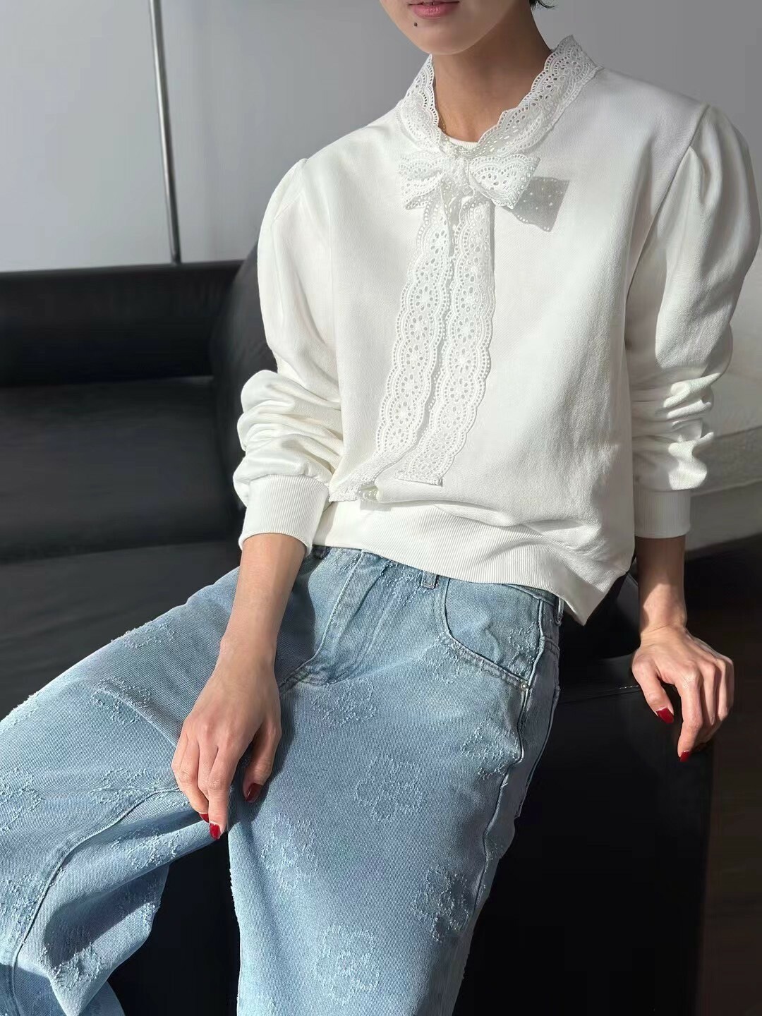 學院風蕾絲飄帶大學T