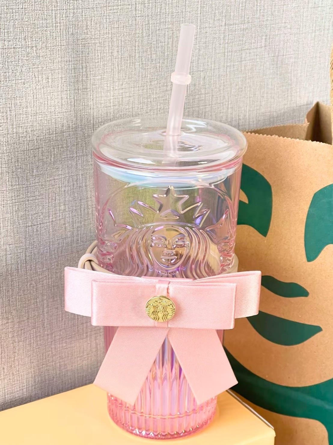 STARBUCKS 星巴克 粉色蝴蝶結 玻璃吸管杯 550ml