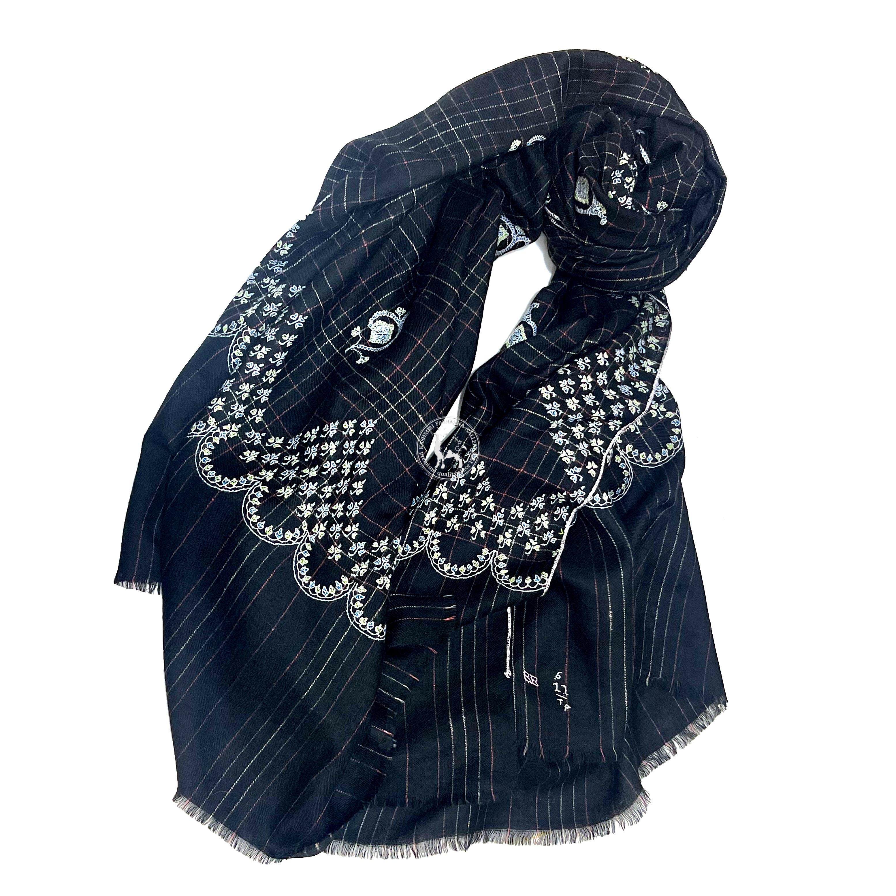 黑色格線圖案刺繡喀什米爾披肩