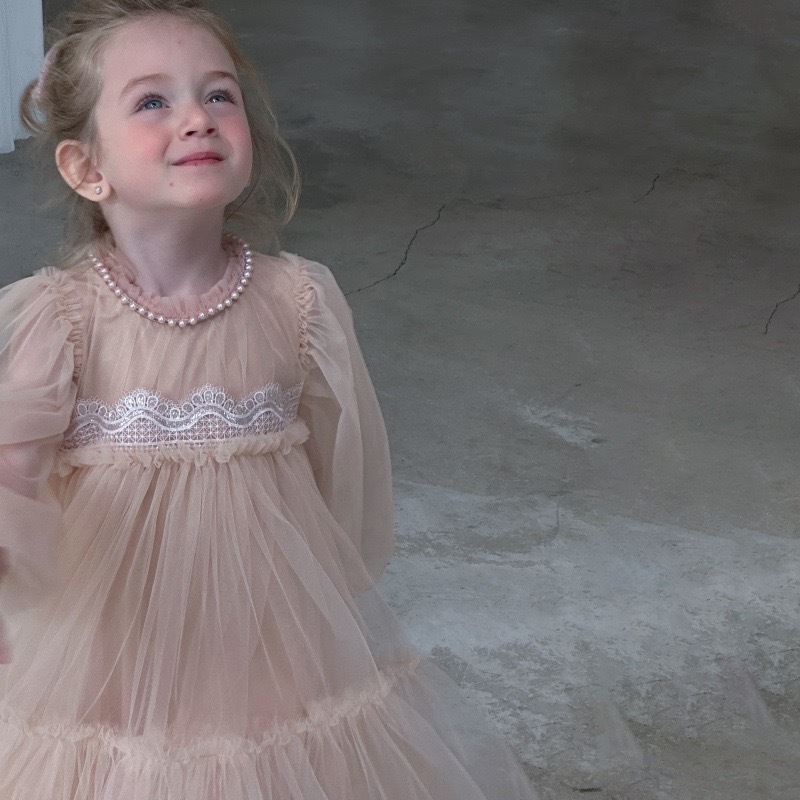 橘粉珍珠紗裙洋裝