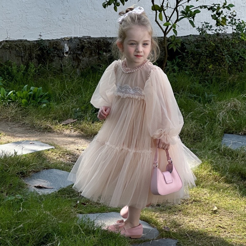 橘粉珍珠紗裙洋裝