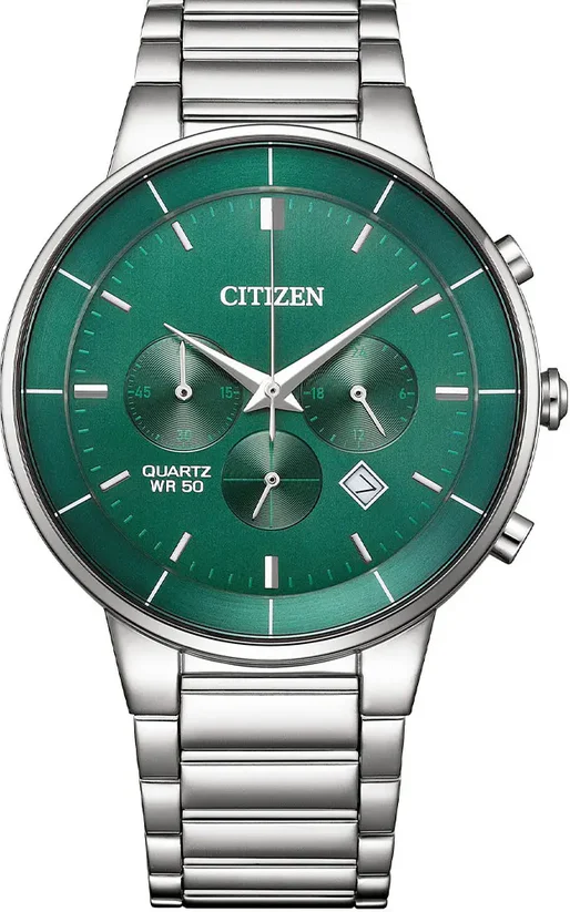 萬年鐘錶 - Citizen 星辰錶   綠色面盤三眼計時不鏽鋼男錶  AN8220-52X 錶徑40MM
