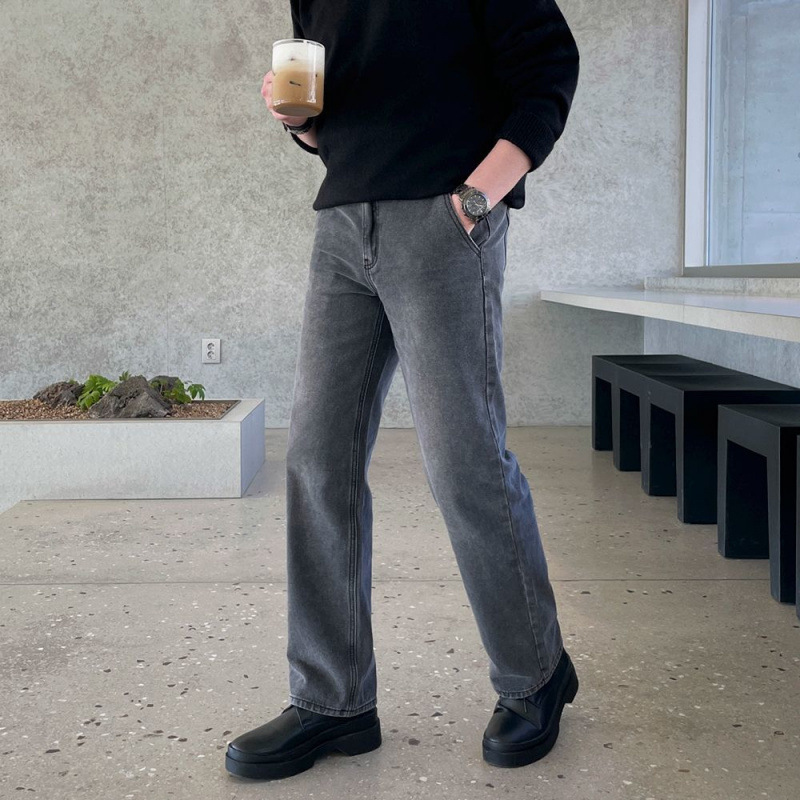 韓國男生灰色水洗小直筒牛仔褲