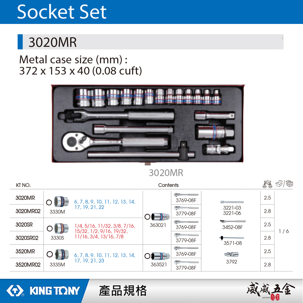 KING TONY 金統立｜6-22 三分十二角套筒扳手組 3分手動套筒組 20件式 3/8"｜3020MR