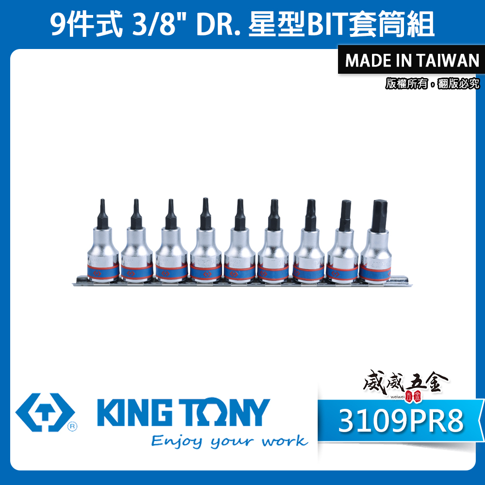 KING TONY 金統立｜三分 9件式 3/8" 星型BIT套筒組 3分 手動 星型凸套筒｜3109PR8｜台灣製｜公司貨