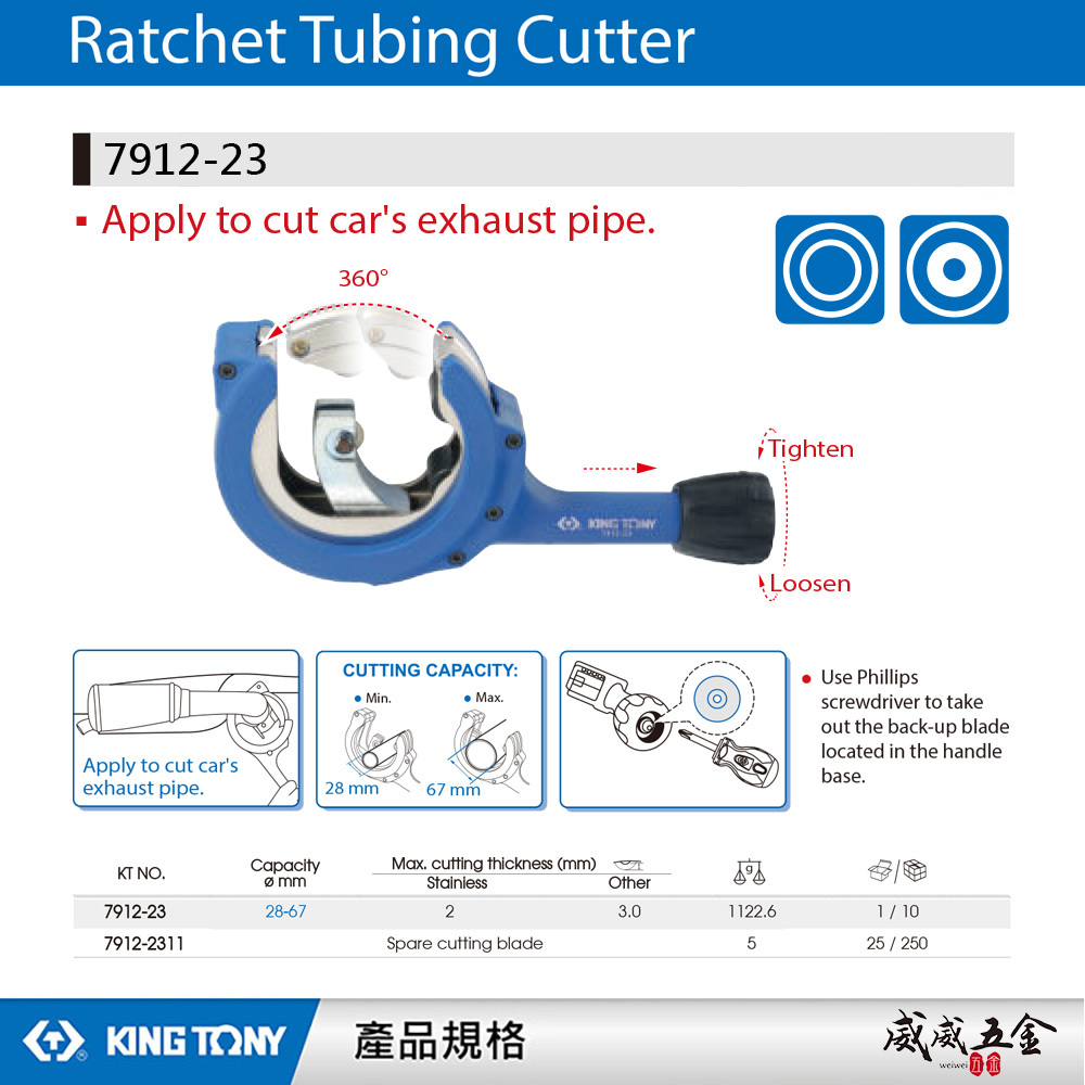 KING TONY 金統立 台灣製｜28-67mm 棘輪式銅管切管器 鐵管不鏽鋼銅管 切管刀｜7912-23