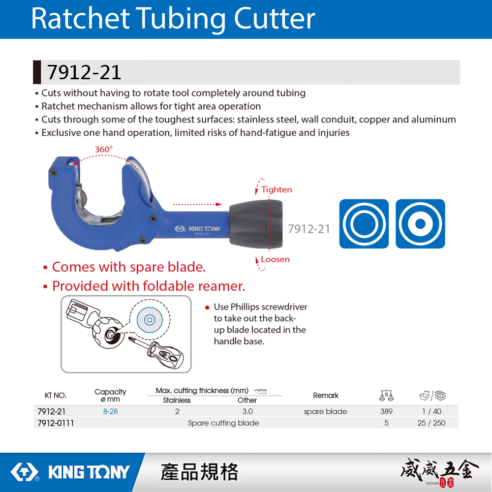 KING TONY 金統立 台灣製｜8-28mm 棘輪銅管切管器 切刀 鐵管 不鏽鋼管切管刀｜7912-21