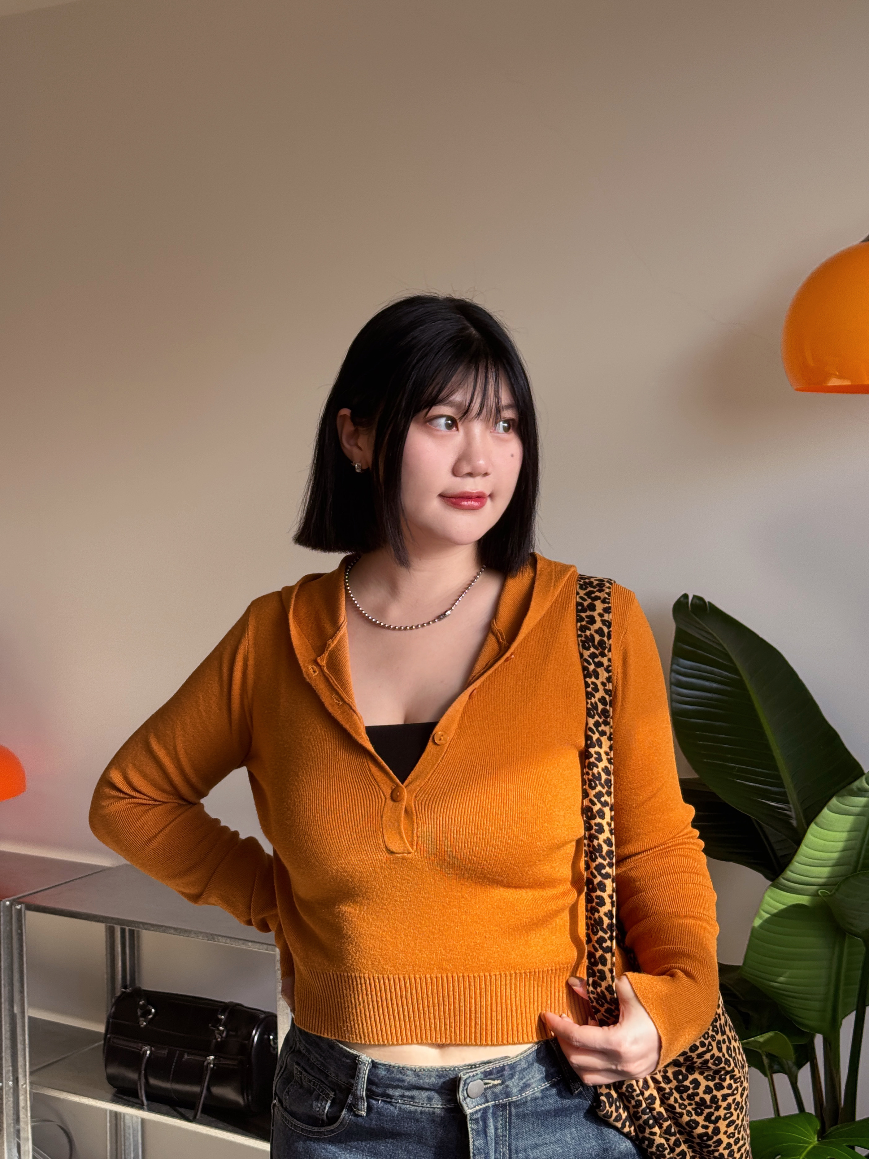 A7初春必備 排釦連帽針織上衣（橘/灰/黑/米）