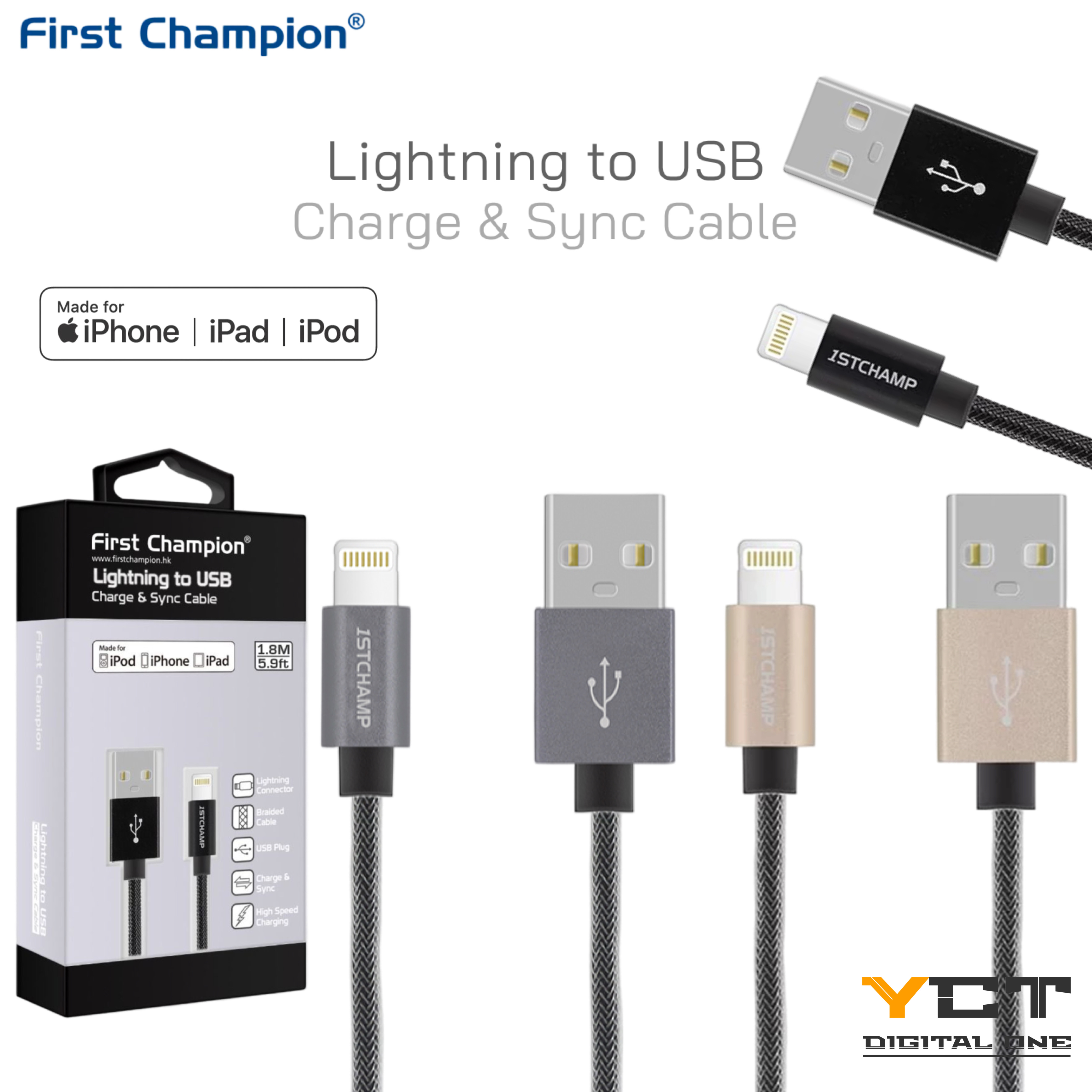 First Champion USB-A 至 Lightning 數據充電線(MFi), PET編織 180cm, LT-N180