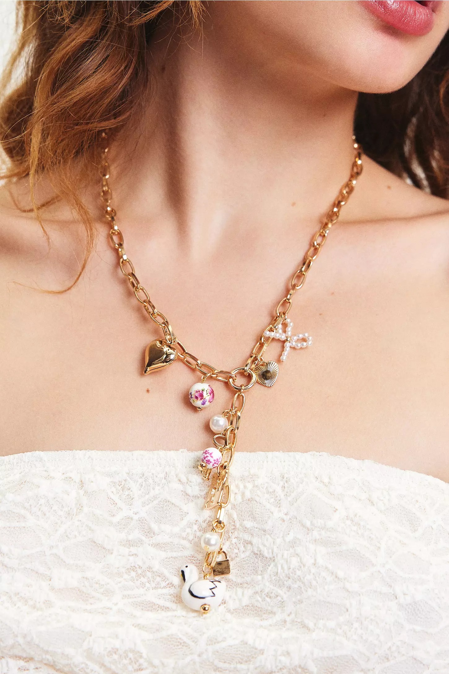 Gold Bow金色珍珠蝴蝶結愛心墜飾Y字項鍊