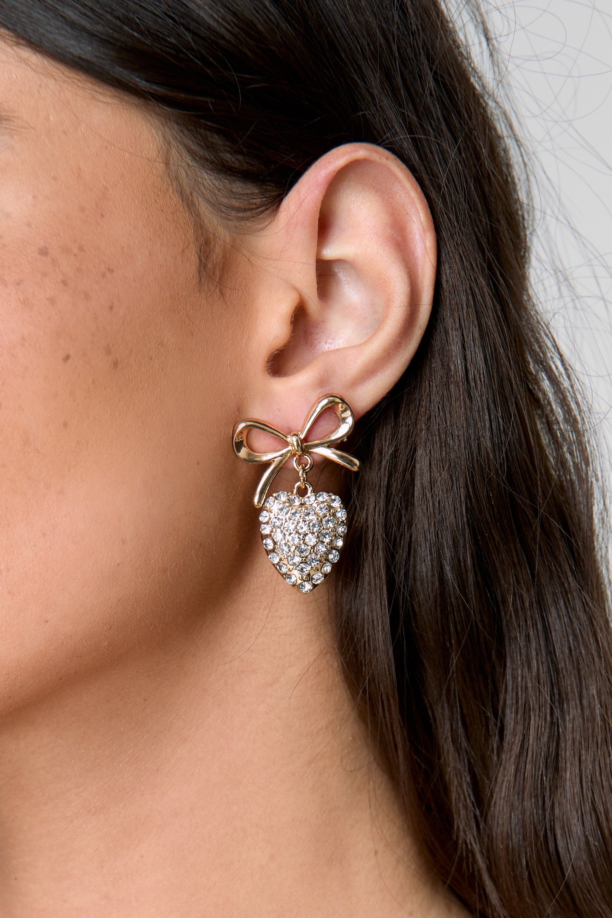 Lux Gold金色蝴蝶結水鑽愛心耳環