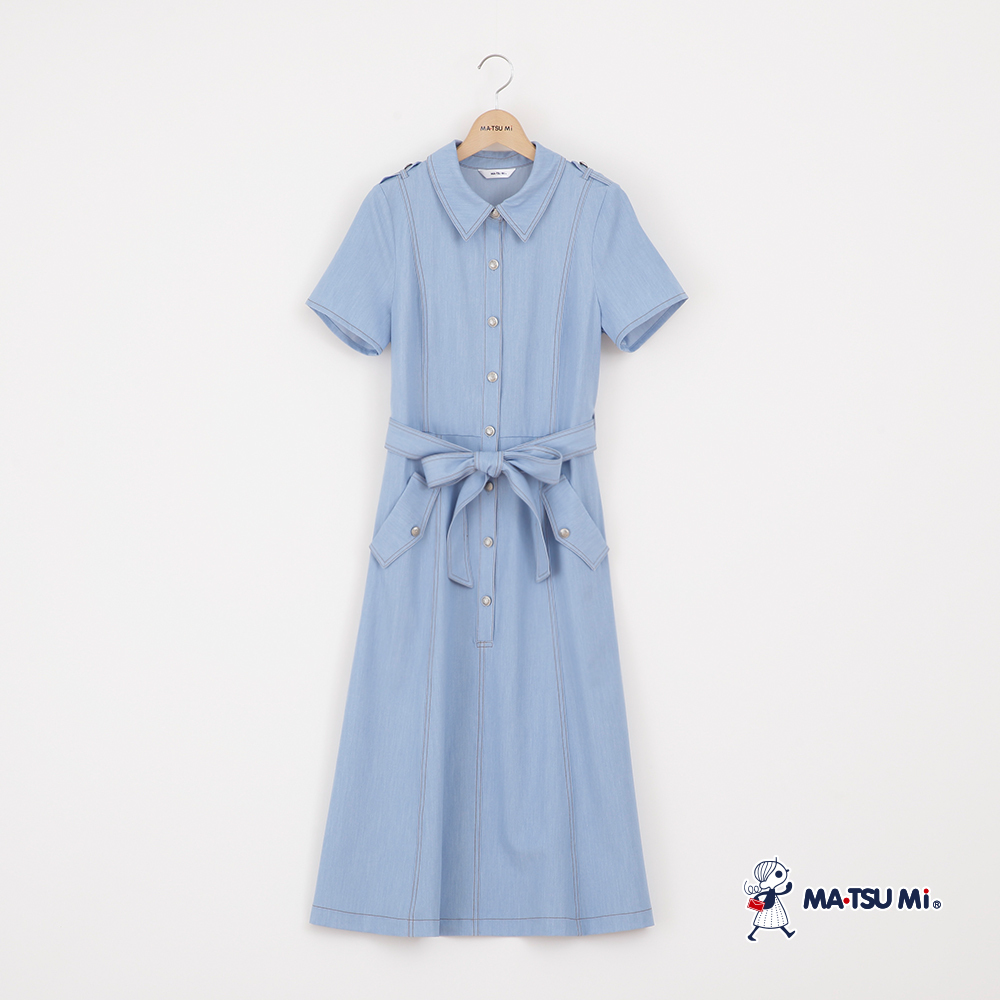 MA‧TSU Mi 翻領開釦綁帶收腰口袋長洋裝(水藍.黑)